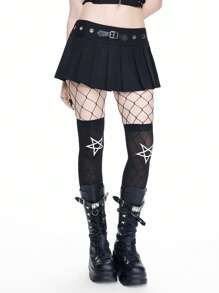 SHEINxHITOMI ROMWE Punk Sexy Super Low Waist Metal Eyelet Pleated Mini Skirt For Women - Black - View 1