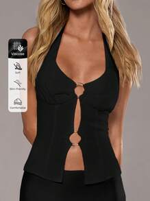 Aloruh Top de tirantes de verano para mujer, de unicolor, con diseño hueco y correa de conexión en el cuello