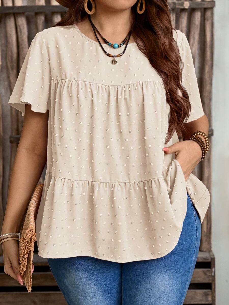 EMERY ROSE Plus Size Women Solid Color Round Neck Ruffle Short Sleeve Loose Blouse,Boho Summer,Western Wear Women,Vacation - Apricot - View 1