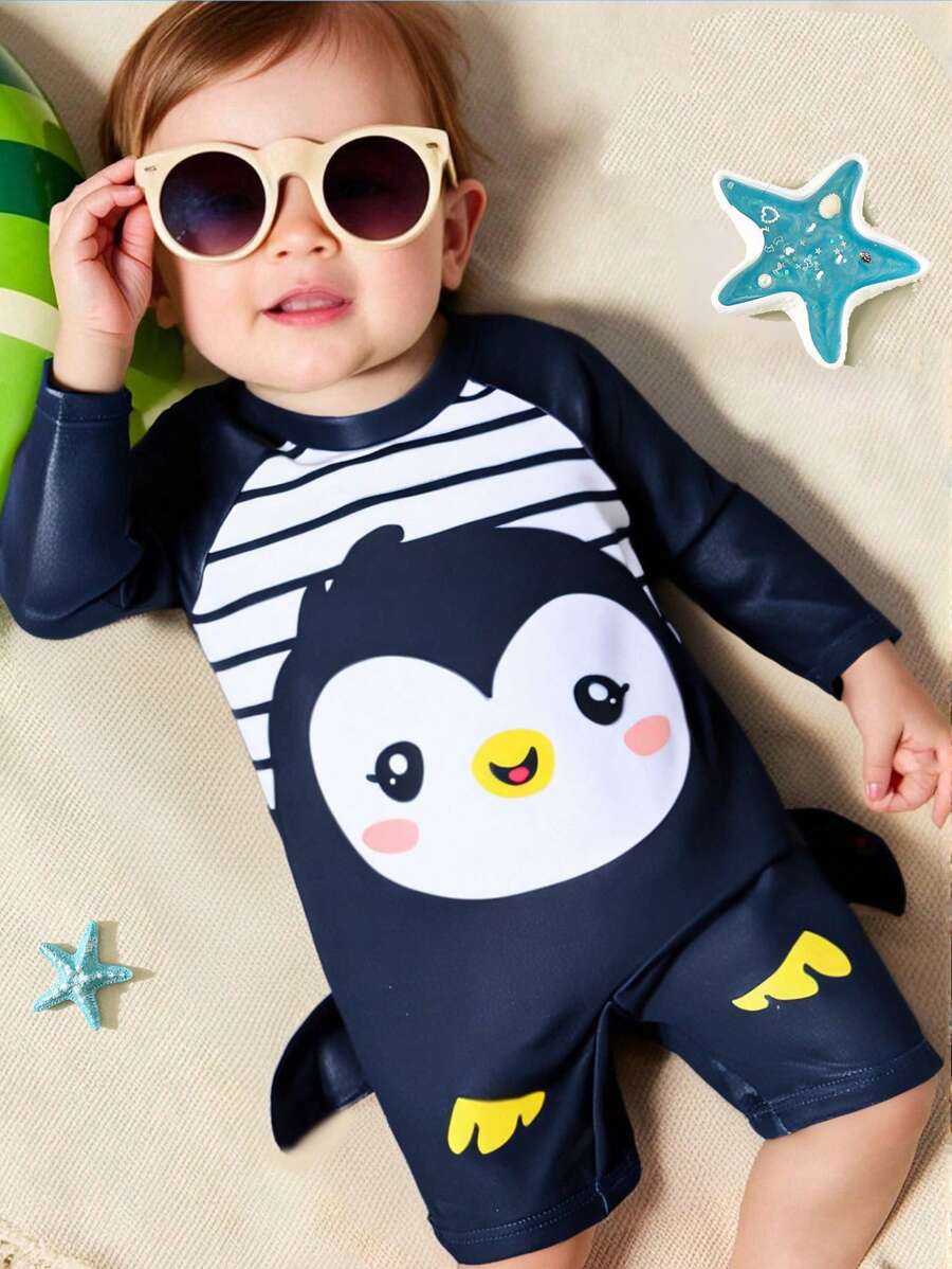 SHEIN 男婴/女婴可爱企鹅条纹图案长袖罩衫,舒适泳衣罩衫,适合春夏季户外、度假、游泳、温泉、海滩、冲浪 - 藏蓝色 - 查看 1
