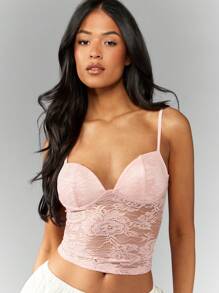 MISSGUIDED Lace Bustier Cami Top Cropped Bralette Style Adjustable Straps Summer Festival Club Party Evening Versatile Layering Essential - Pink - View 1