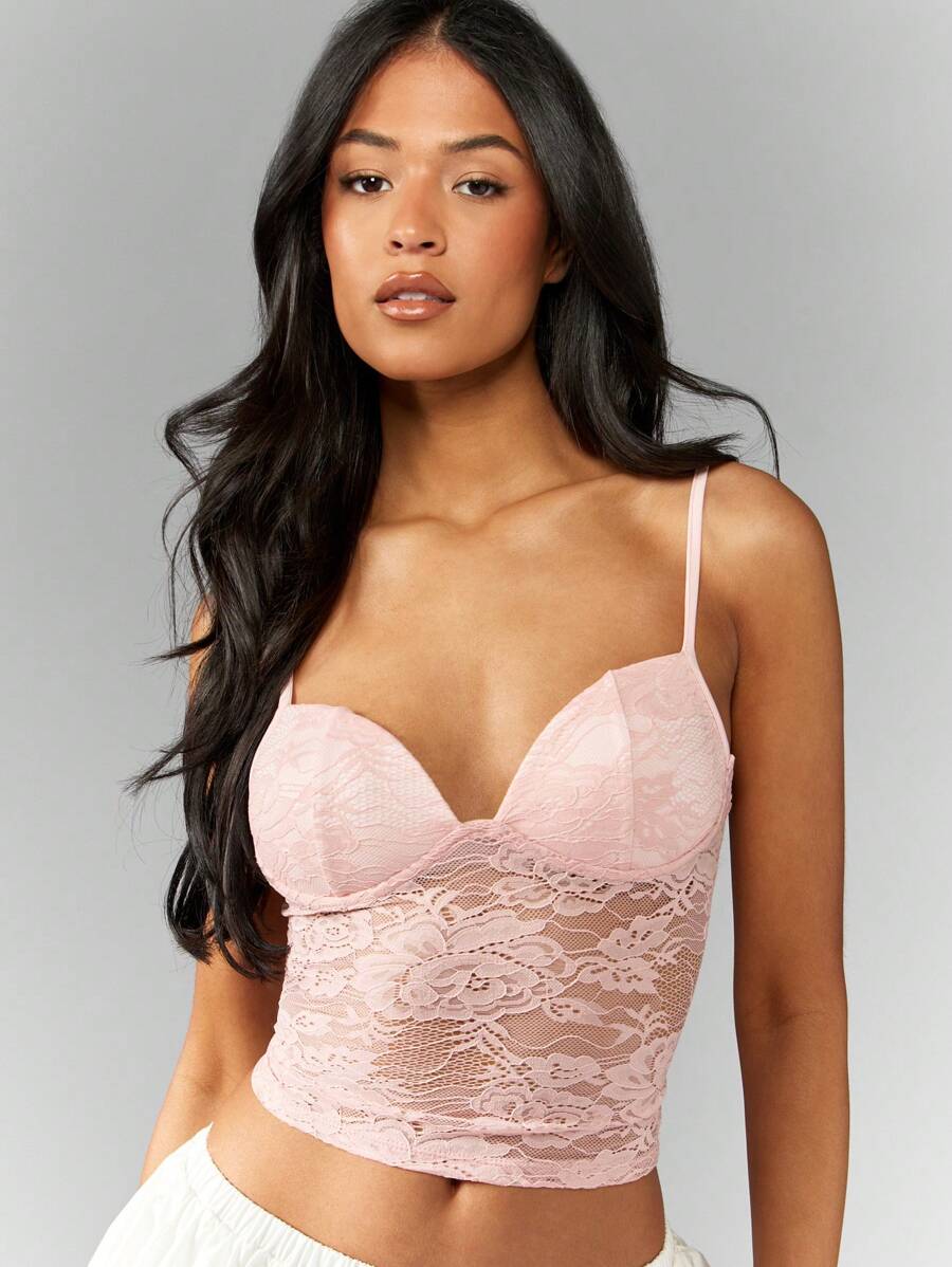 MISSGUIDED Lace Bustier Cami Top Cropped Bralette Style Adjustable Straps Summer Festival Club Party Evening Versatile Layering Essential - Pink - View 1