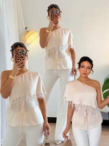 SHEIN Unity 女士优雅不对称肩部流苏腰带衬衫 - 杏色 - 查看 3