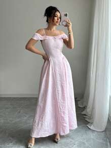 Elenzga Abito elegante da donna con design a-line in jacquard, vita stretta e spalle scoperte, colore rosa - Rosa - Visualizzare 3