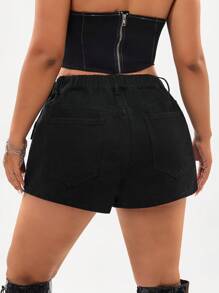 SHEIN ICON 夏季大码不对称A字牛仔短裙短裤 - 黑色 - 查看 2