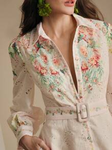 Anewsta Váy Maxi họa tiết hoa rộng rãi, cổ bẻ, tay áo lồng đèn kiểu Pháp, đơn hàng khuy, thắt lưng, trang phục mùa xuân dành cho nữ - Nhiều màu - Xem 4