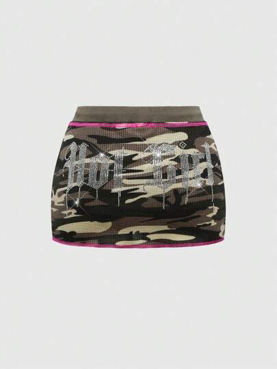 Plus Size Y2K Baddie Rhinestone Embellished Low Waist Super Short Camouflage & Handgun Print Mini Skirt For Women