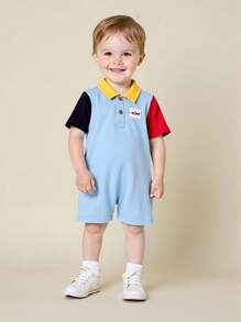 SHEIN Newborn Baby Boy Cute Casual Knitted Contrast Color Short Sleeve Romper For Summer - Multicolor - View 7