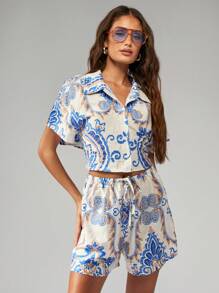 MISSGUIDED Bohemian Printed Drawstring Shorts Summer Resort Wear Beach Lounge Wear Vacation Beachwear - Blue and White - View 1