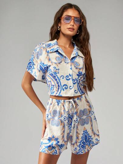 MISSGUIDED 波西米亚印花抽绳短裤夏季度假装沙滩休闲装度假沙滩装