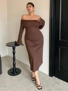 Dazy Plus Solid Color Off-Shoulder Wrap Elastic Elegant Mesh Panel Long Sleeve Dress,Fall Dress Prom Dress