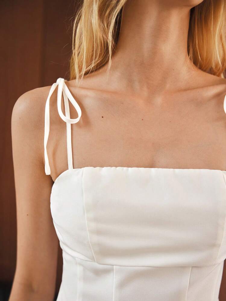 SHEIN Maija Women's Solid Color Knotted Shoulder Casual Camisole, Summer Tops, Summer Outfits , Summer Clothes , Summer Outfits For Women , Spring Outfit, Spring Clothes Women, Festival Outfits, Beach Outfit For Women, Beach Outfit , Casual Blouse For Women, Holiday Outfits For Women, Vacation,100%Cotton , White Top