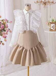 Conjunto de 2 piezas para niña preadolescente: Blusa elegante de manga larga con volantes y falda mini