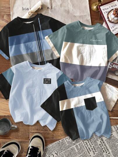 SHEIN Set de 4 camisetas de manga corta casuales y cómodas para niños pequeños, adecuadas para primavera y verano