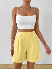 Celisse Women's Plain Color Pleated Pocket Wide Leg Loose Casual Shorts - Yellow - View 6