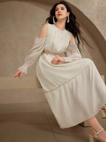 DAZY Women's Boho Vacation Chiffon Sequin Tassel Decor Off-Shoulder Waist Cinched Solid Color Maxi Dress, Spring/Summer, Ladies Summer/Graduation Dress