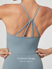 GLOWMODE 6" FeatherFit™-Air Studio To Sunset Plunge Crossover Back Deep V-Neck Active Jumpsuit Romper Yoga Pilates Removable Cups - Grey - View 3