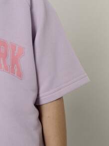 SHEIN Explorewe 2件套女童字母印花圆领T恤和短裤套装 - 紫色 - 查看 7