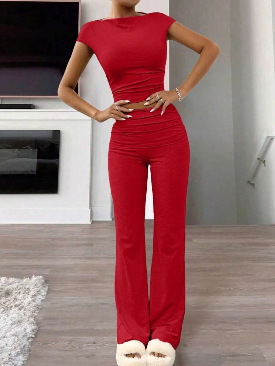 INAWLY Bộ 2 áo cổ tròn xếp ly màu trơn cho nữ và quần Palazzo - Đỏ - Xem 1