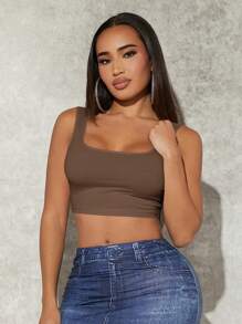 SHEIN SXY Áo ba lỗ thể thao thường ngày không tay cổ vuông bó sát màu trơn, mùa hè - Cà phê nâu - Xem 4