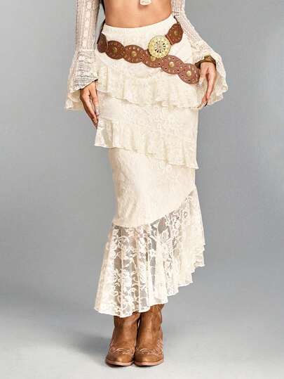 Hippie Women's Lace Elastic Waist Ruffle Hem Skirt, Elegant Long Skirt