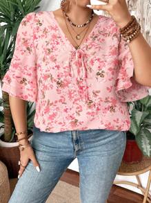 SHEIN Clasi Floral Pattern V-Neck Ruffled Double-Layer Mid-Sleeve Women Blouse - Pink - View 1