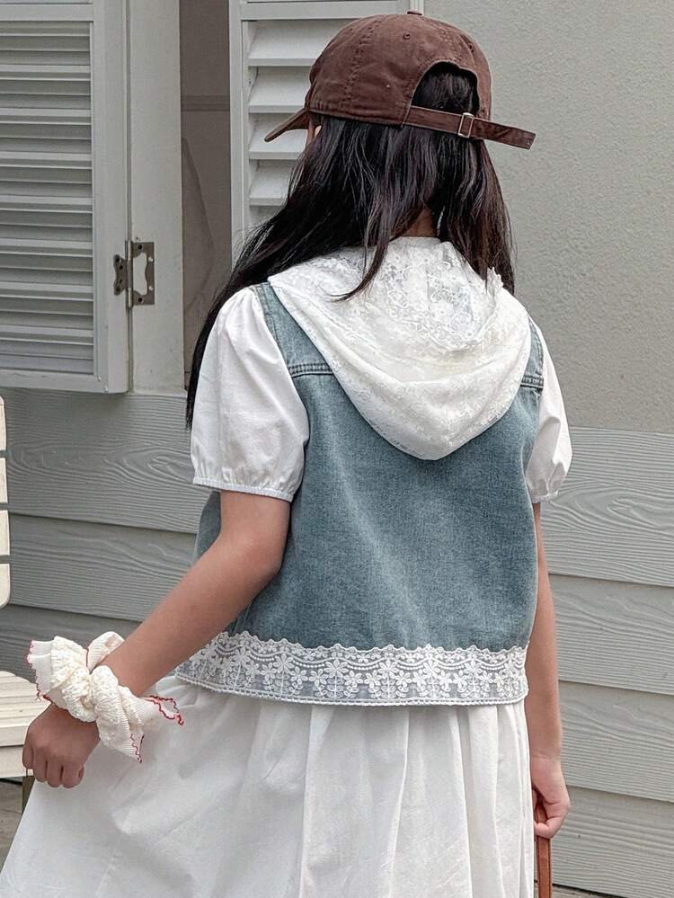 Tween Girl Sleeveless Hooded Denim Vest, For Summer, Back To School Clothes
