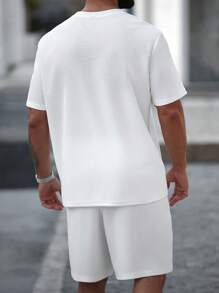 Manfinity Homme 2pcs/Set Plus Size Men's Summer Casual Solid Color Round Neck Short Sleeve T-Shirt And Shorts, Cozy Outfits - White - View 2