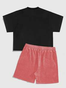 ROMWE MEN Street Life Men's Washed Virgin Mary Printed Loose T-Shirt & Shorts Set - Black - View 2