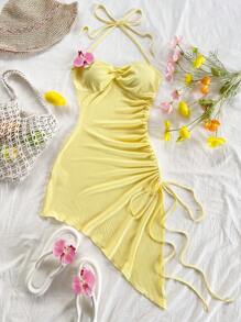 Soleia Women's Vacation Neck-Tie Floral Decor Midi Dress, Yellow With Drawstring And Asymmetrical Hem, Bodycon Mini Dress, Summer Beach Holiday Outfit - Yellow - View 4