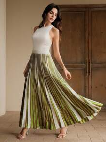 Anewsta 女士优雅针织褶皱闪亮亮片裙，适合节日、春季、商务休闲、朴素风格、Oldmoney - 綠色 - 查看 3