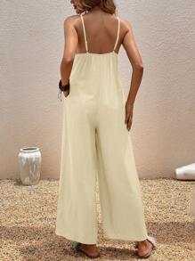 Breezaya 女士纯色时尚吊带连体裤，适合夏季 - 米色 - 查看 2