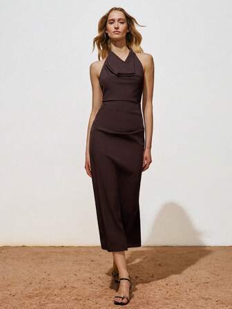 Lumivelle Women Elegant Surplice Neck Ruched Waist Straight Long Sleeveless Dress