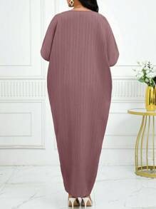 SHEIN Lady 女式纯色V领蝙蝠袖开衩下摆宽松休闲连衣裙 - 淺灰紫 - 查看 2