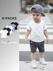 SHEIN Playful Pals Baby Boy 5pcs/Set Simple And Comfortable White T-Shirt, Spring/Summer - Multicolor - View 6