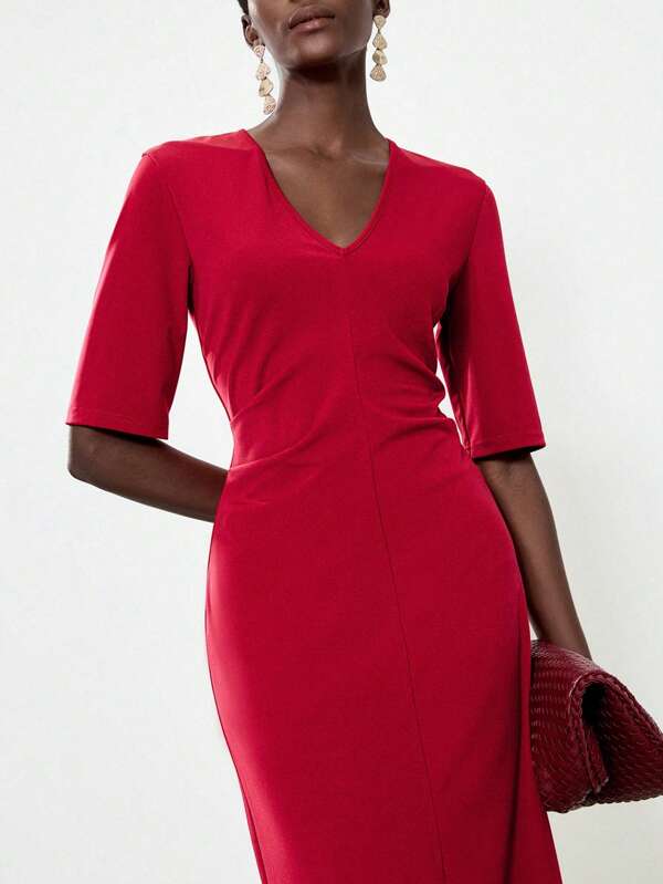 Lumivelle V-Neck Pleated Short Sleeve Elegant Long Dress For Women