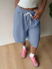 SHEIN EZwear Summer Haze Blue Knit Wide Leg 3/4 Pants - Dusty Blue - View 5