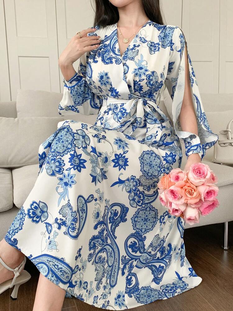 Women's Elegant Floral V-Neck Midi Dress, Spring & Summer Boho