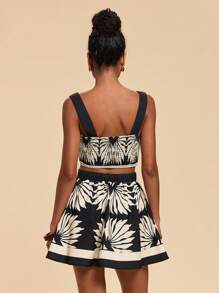 Travachic Women's Boho Two-Piece Outfit: Woven Fabric Crop Top And Mini Skirt Set With Strappy Neckline And Floral Print