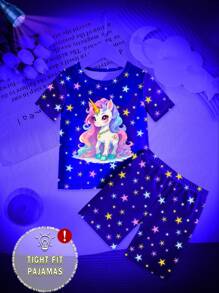 SHEIN 小女孩睡衣套装，蓝色独角兽印花，弹力面料短袖上衣和短裤两件套舒适睡衣 - 藍色 - 查看 6