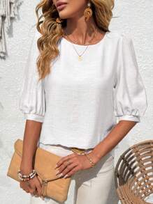 EMERY ROSE Blusa de mujer de manga media y cuello redondo en unicolor para vacaciones de verano