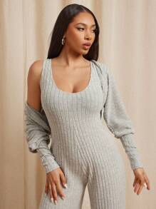 Vixey 2 Stücke Rippe Strick Weites Bein Ärmelloses Jumpsuit & Bolero Shirt Set