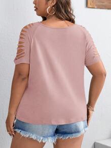 SHEIN VCAY Camiseta informal de manga corta con cuello en V y calado para mujer de talla grande