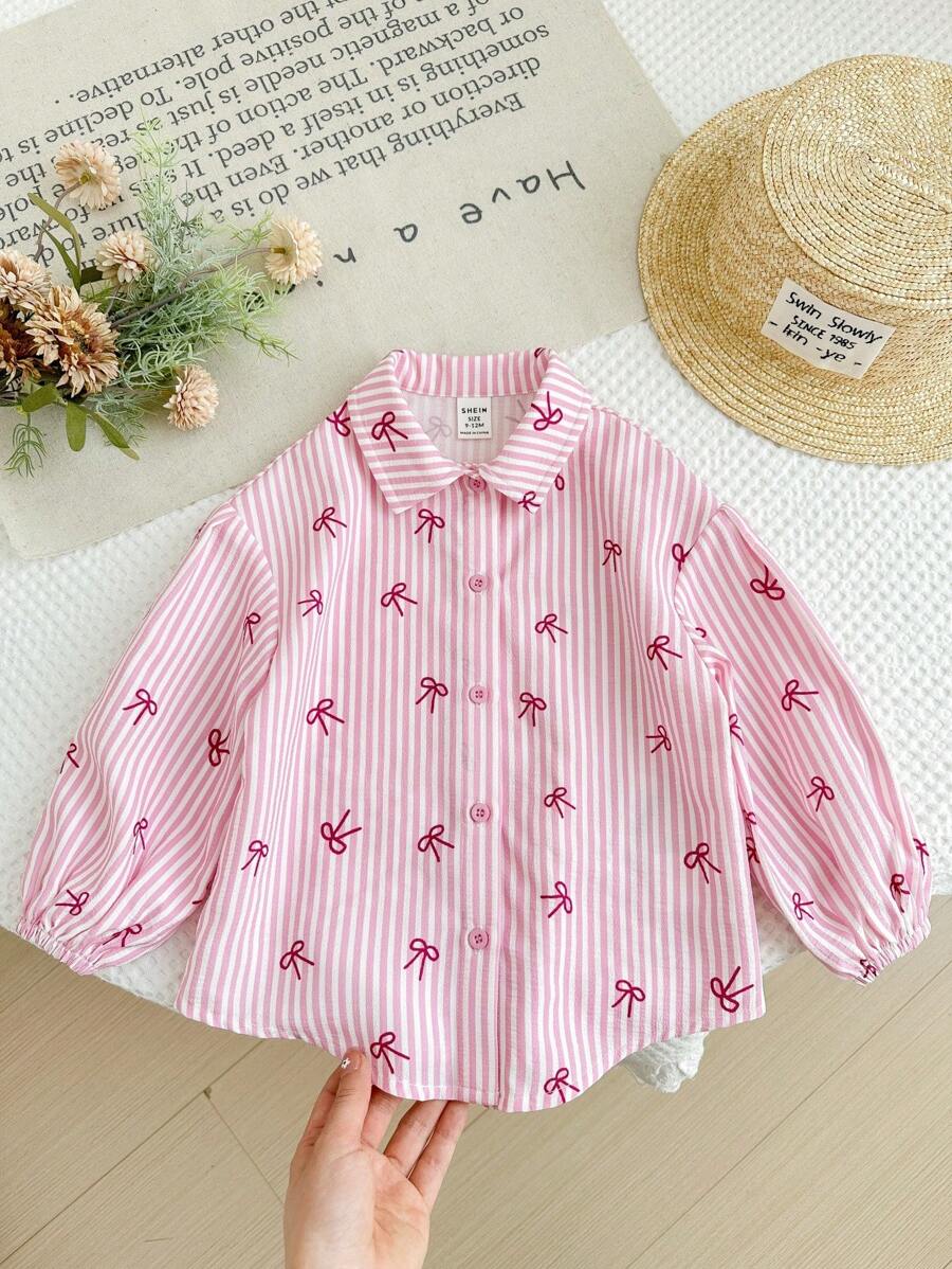 SHEIN LMoss Kids 女婴蝴蝶结装饰条纹休闲衬衫 - 粉色 - 查看 1
