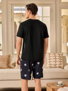 2pcs/Set Men's Basketball Print Short Sleeve Top And Shorts Pajama Set - Black - View 2
