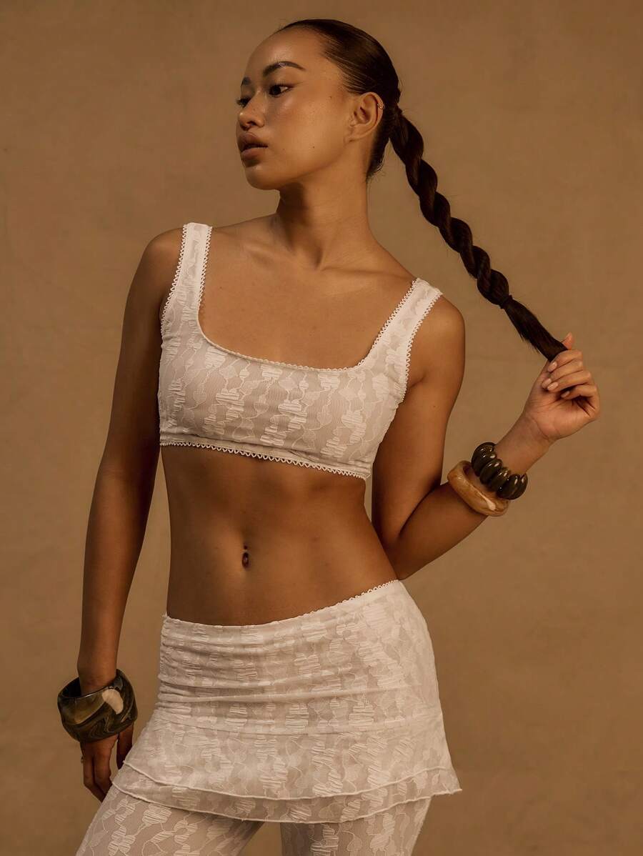 MUSERA Extreme Square Neck Patterned Lace Strappy Cropped Top For Ibiza, Holiday, Spring, Summer, Vacation, Beach, White Isle