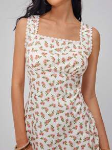 Chiquease Floral Print Lace Trim Square Neck Sleeveless Dress