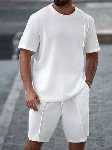 Manfinity Homme 2pcs/Set Plus Size Men's Summer Casual Solid Color Round Neck Short Sleeve T-Shirt And Shorts, Cozy Outfits - White - View 4