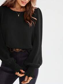 EMERY ROSE Round Neck Solid Color Lantern Sleeve Shirt, Casual For Autumn,Long Sleeve Tops