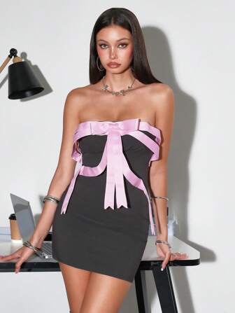 ROMWE Avant Robe moulante et ajustée style collège femme avec texture de nœud 3D et contraste